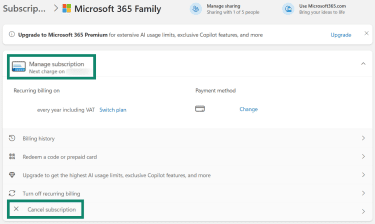 Canceling subscriptions tied to the Microsoft account.
